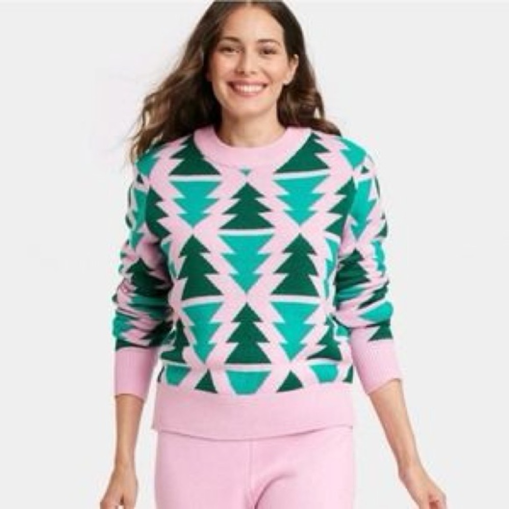 Grayson Threads Pink and Green Christmas Tree Sweater Size Medium
